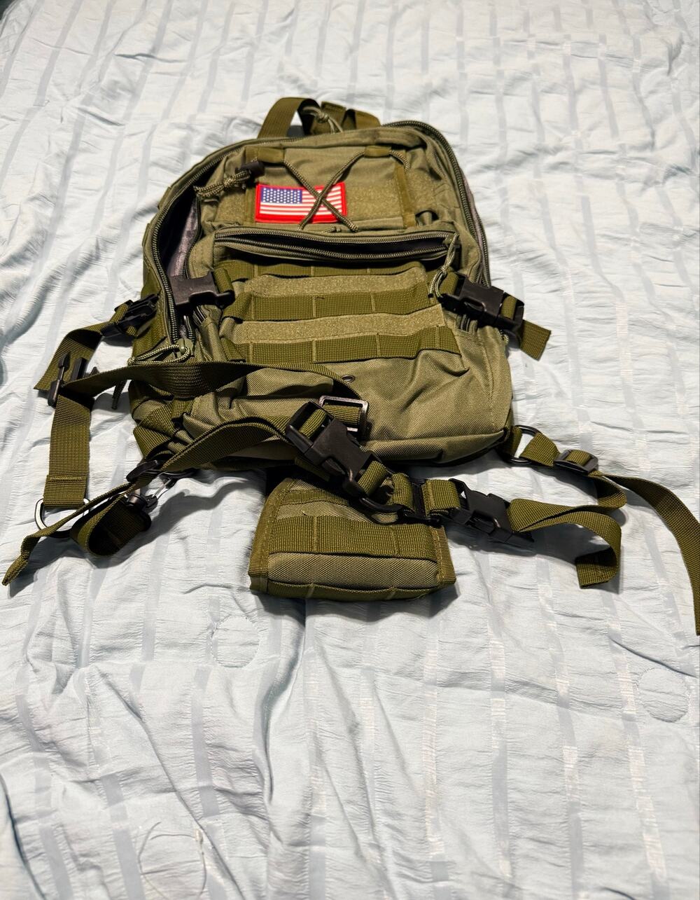 Olive green tactical sling bag, American flag patch, MOLLE webbing,New No Tags